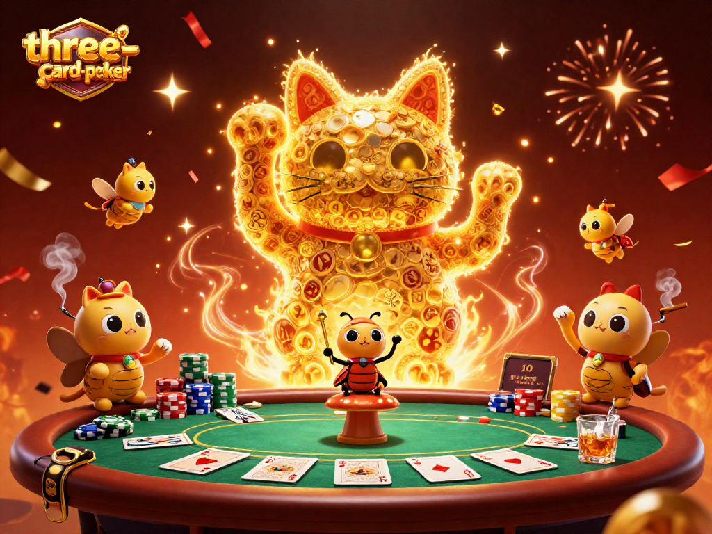 Engage in three-card-poker excitement as golden fireflies transform into a lucky cat amidst vibrant casino symbols.