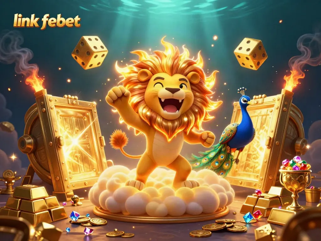 Join the fun at link febet with a vibrant 3D casino atmosphere featuring spinning dice and treasures.