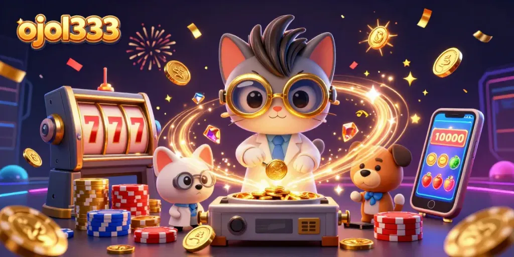 Win big at ojol333 with a mad scientist cat and dog in a festive casino scene!