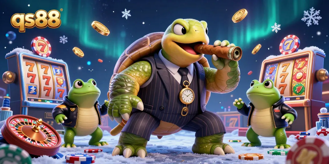 Engage with qs88's vibrant casino scene featuring a snapping turtle in mobster attire, surrounded by dynamic slot game elements.