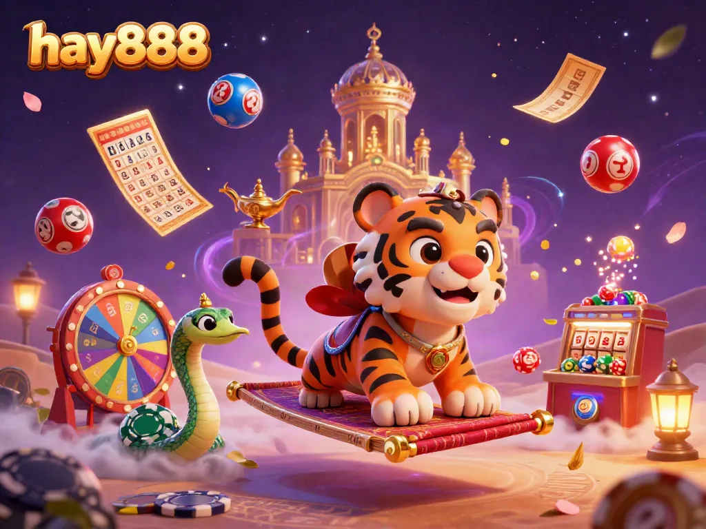 Experience the magic of hay888 with a vibrant casino-themed digital illustration featuring a tiger sultan, flying carpet, and dynamic game elements.