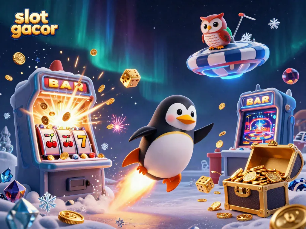 Experience thrilling slot gacor action with a golden penguin and jackpot bursts in this vibrant 3D illustration.