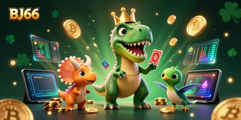 Engage in the thrilling world of BJ66 with charming characters and glowing cryptocurrency elements.
