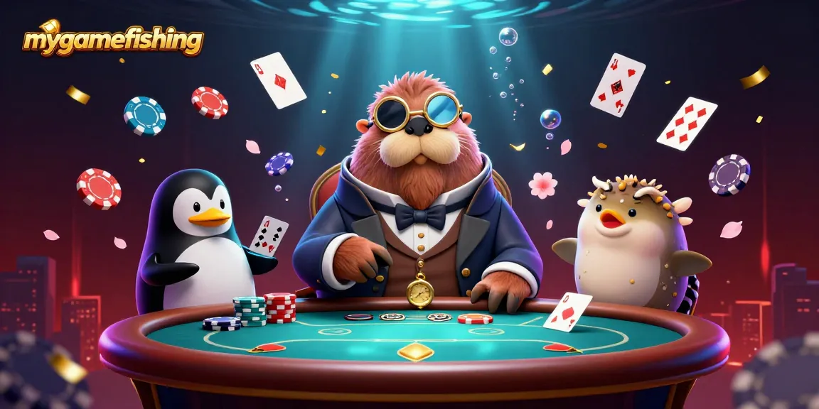 Play poker with mygamefishing's jolly walrus, penguin dealer, and bluffing pufferfish in a vibrant underwater scene.