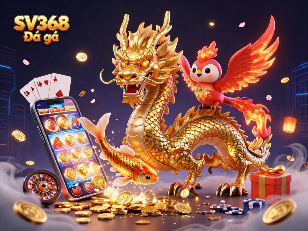 Engage in SV368 Đá gà with a dynamic scene of dragons, coins, and colorful games.