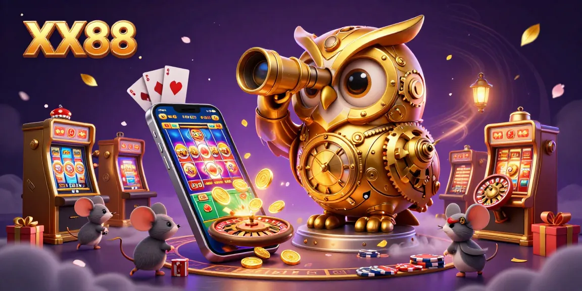 Experience XX88 with a vibrant golden owl overseeing animated casino fun among slot machines and dynamic game elements.