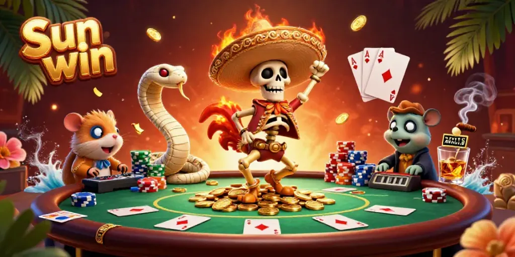 Engage in the lively gaming scene featuring Sun win with vibrant characters and poker elements.