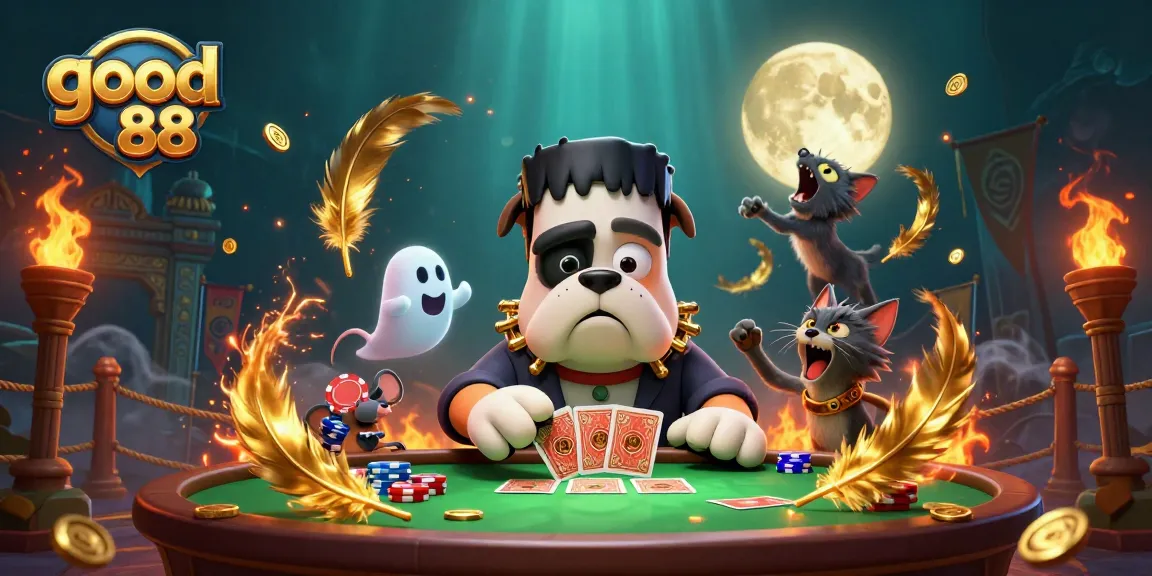 Experience thrilling gameplay with good 88 as a bulldog monster deals cards at a spooky casino table.