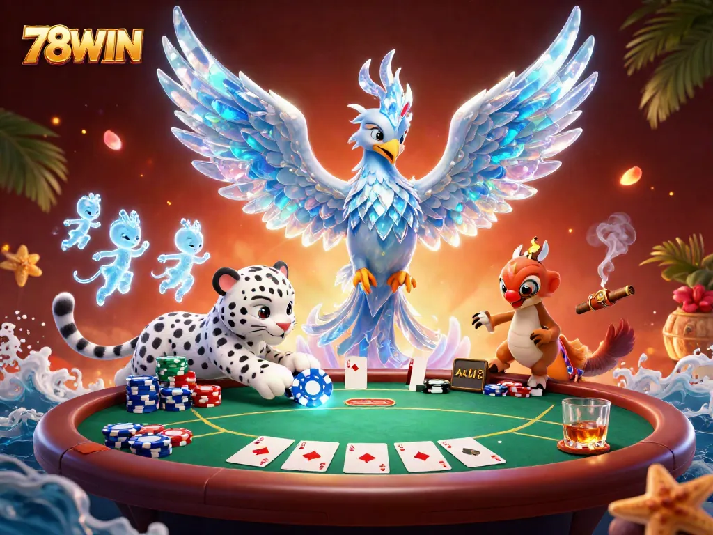 Engage in thrilling poker action with 78WIN as an ice phoenix and snow leopard cub enjoy a vibrant casino scene.