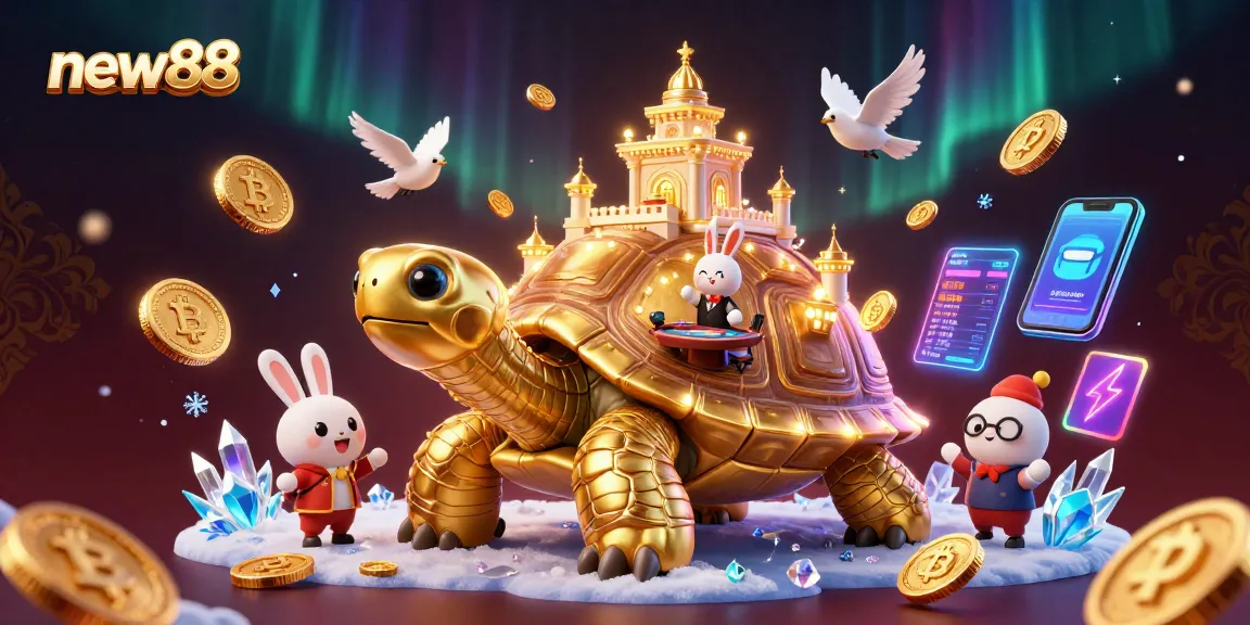 Play exciting games at new88 with a golden tortoise casino, rabbit dealer, and crypto coins.