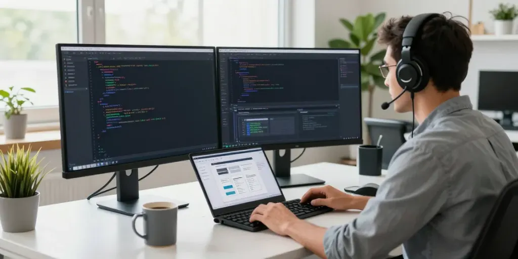 Instant indexing in a modern software development workspace with coding and debugging displays.