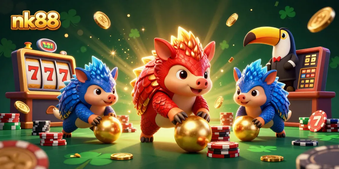 Experience the excitement of nk88 with vibrant 3D pangolins playing slots amidst sparkling casino elements.