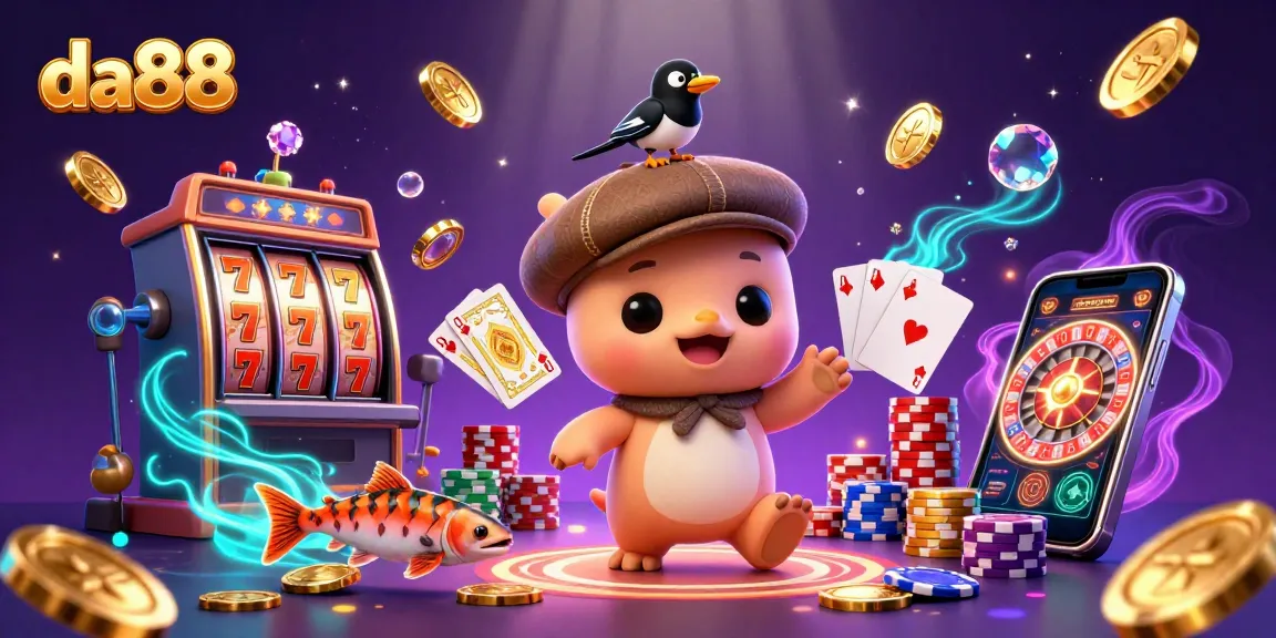 da88 captures the fun of gambling with a lively casino scene featuring cartoon Nessie and friends.