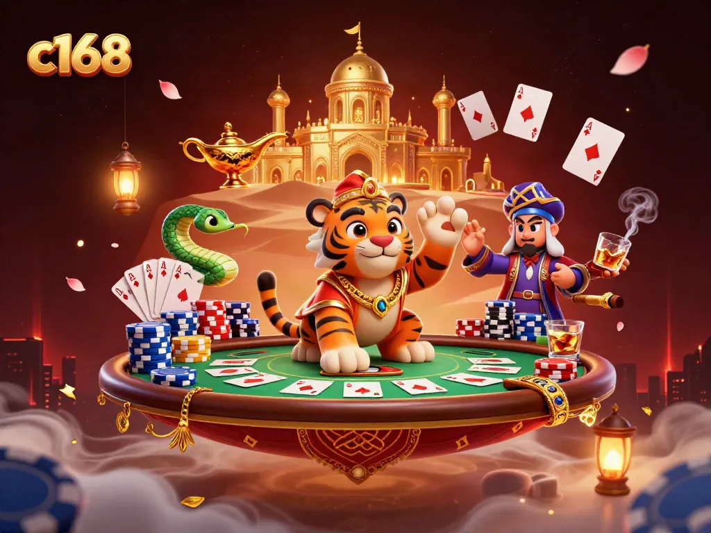 Experience the thrills of c168 with a vibrant casino scene featuring a tiger sultan on a flying carpet.