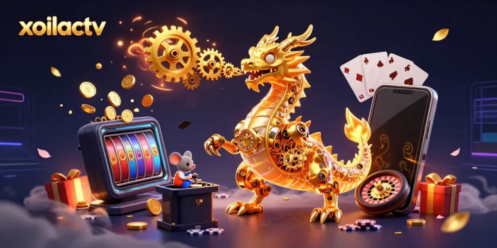 Experience xoilactv thrilling moment with a golden dragon and gambling elements bursting with excitement.