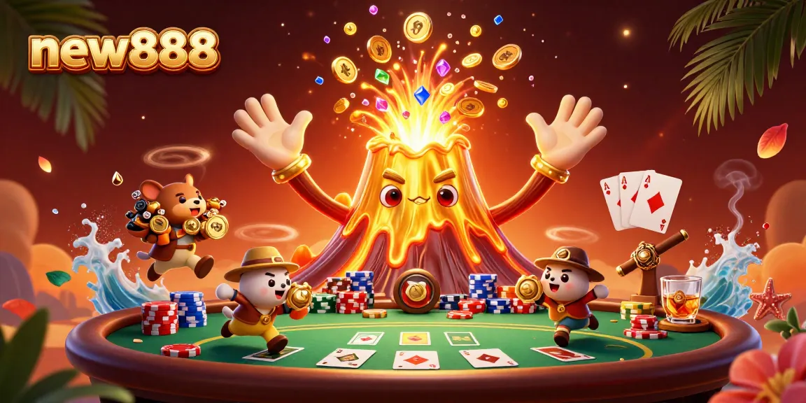 Experience the thrill of new888 with a golden volcano erupting coins and treasure around a vibrant poker scene.