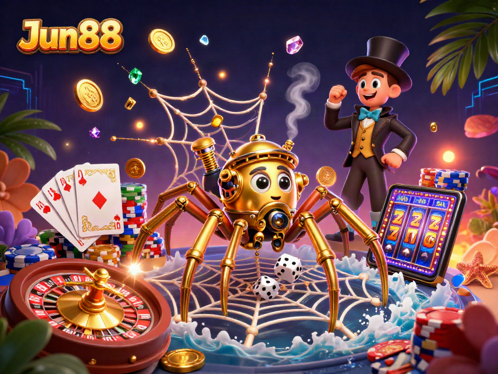 Experience thrilling gameplay with Jun88's vibrant steampunk casino scene filled with golden elements and lucky treasures.