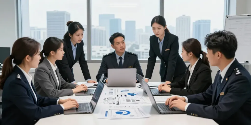 Corporate Security team analyzing risk management strategies in a trusted local business environment.