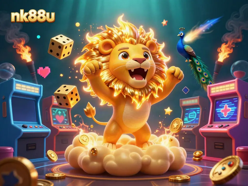 nk88u casino gaming features a roaring lion, vibrant game machines, and golden elements.