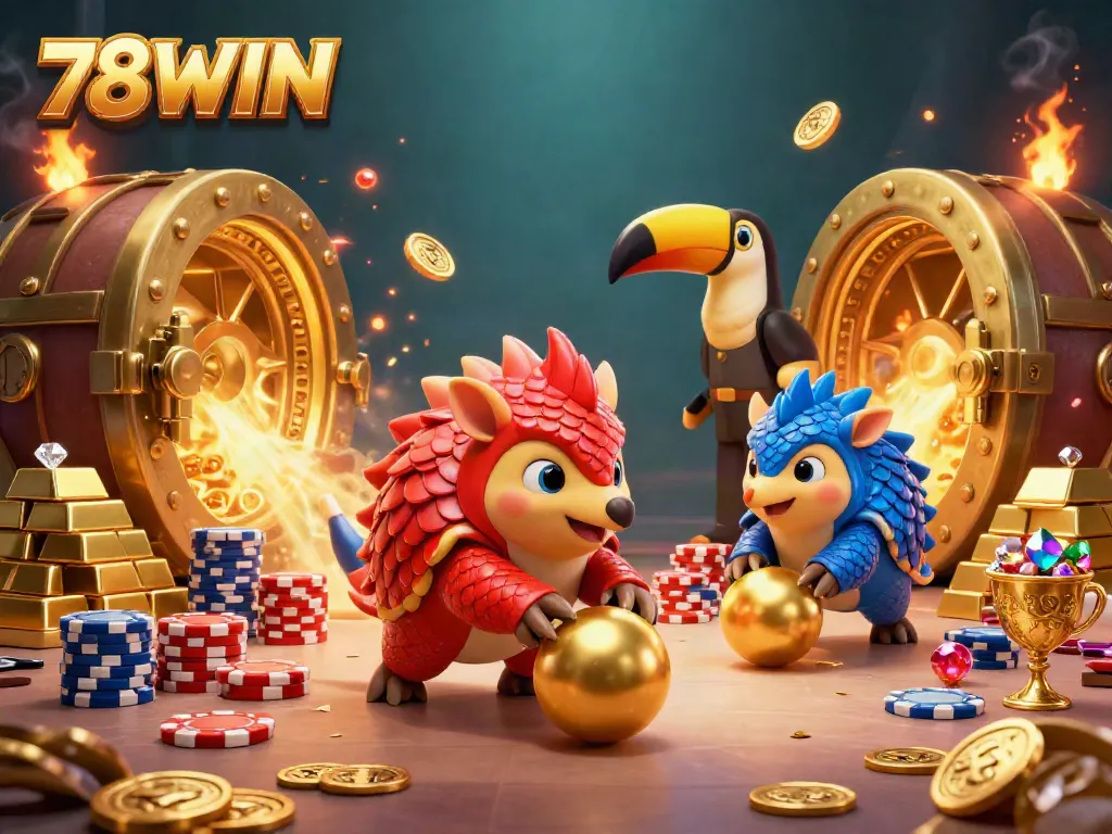 Experience the thrill of 78WIN with pangolins rolling through poker chips in this vibrant casino scene.