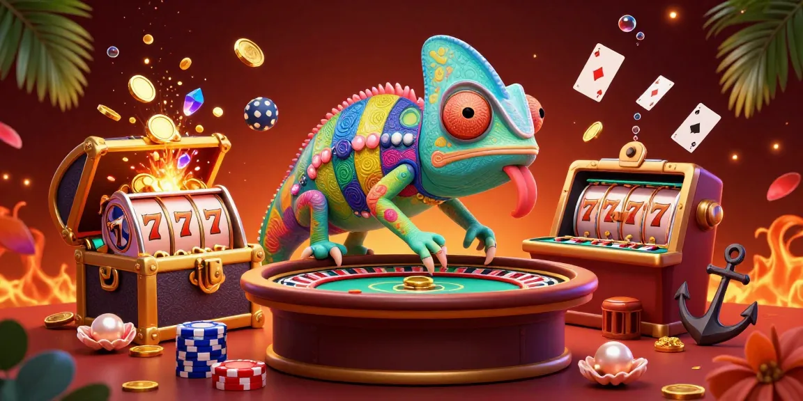 Engage with 999 jili's vibrant chameleon casino owner, surrounded by slots and treasure!