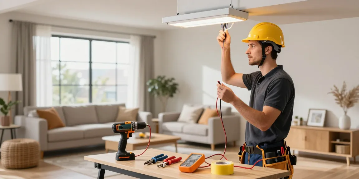 Electrician near you installing LED lights in a modern living room, ensuring safety and efficiency.