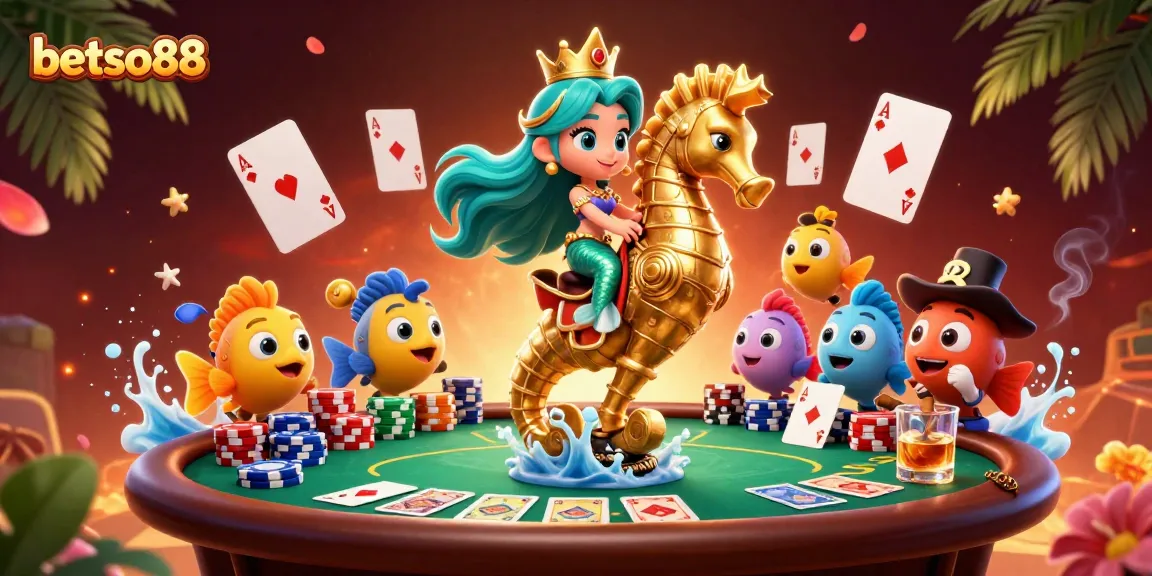 Betso88 captivates players with a vibrant 3D mermaid-themed casino scene showcasing thrilling poker elements.