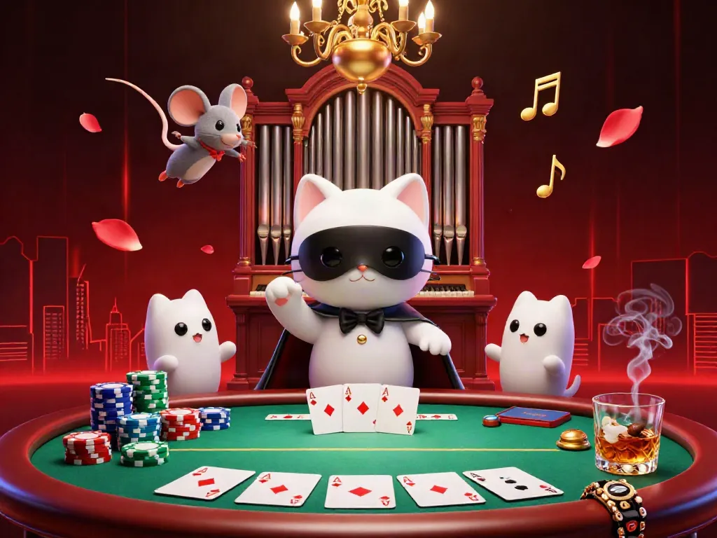 Engage in thrilling 9 bet gameplay with a vibrant casino scene featuring a whimsical cat at an organ.