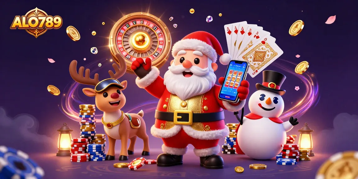 Play at ALO789 with Santa Claus, reindeer dealer, and poker snowman in a festive casino scene.