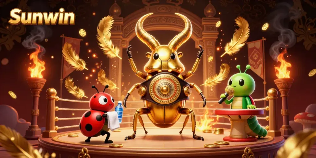 Sunwin wins big with a vibrant 3D casino scene showing a golden stag beetle in a boxing ring.