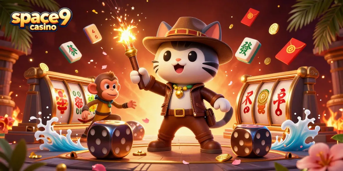 Discover exciting gaming at space9 casino with a vibrant 3D scene of an explorer cat uncovering treasures.