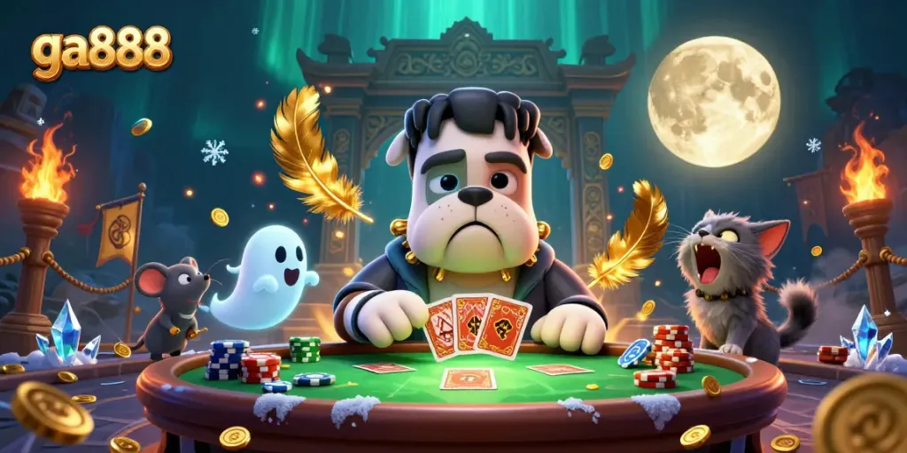 Engage in exciting games at ga888 with a cartoon bulldog dealer and vibrant casino elements.