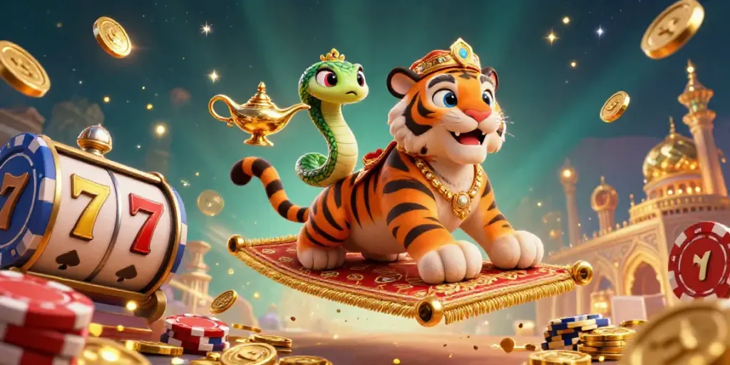 Experience the excitement of EE88 casino with a colorful 3D illustration of a flying tiger sultan, slot reels, and golden treasures.