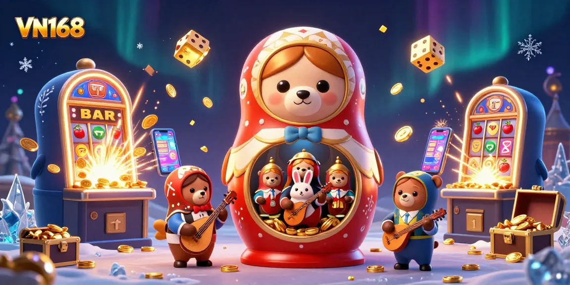 Experience excitement like VN168 in this vibrant 3D casino scene filled with fortune.