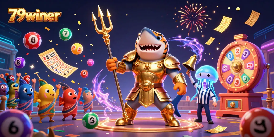 79winer showcases a vibrant casino scene with a shark hero and bouncing lottery balls.