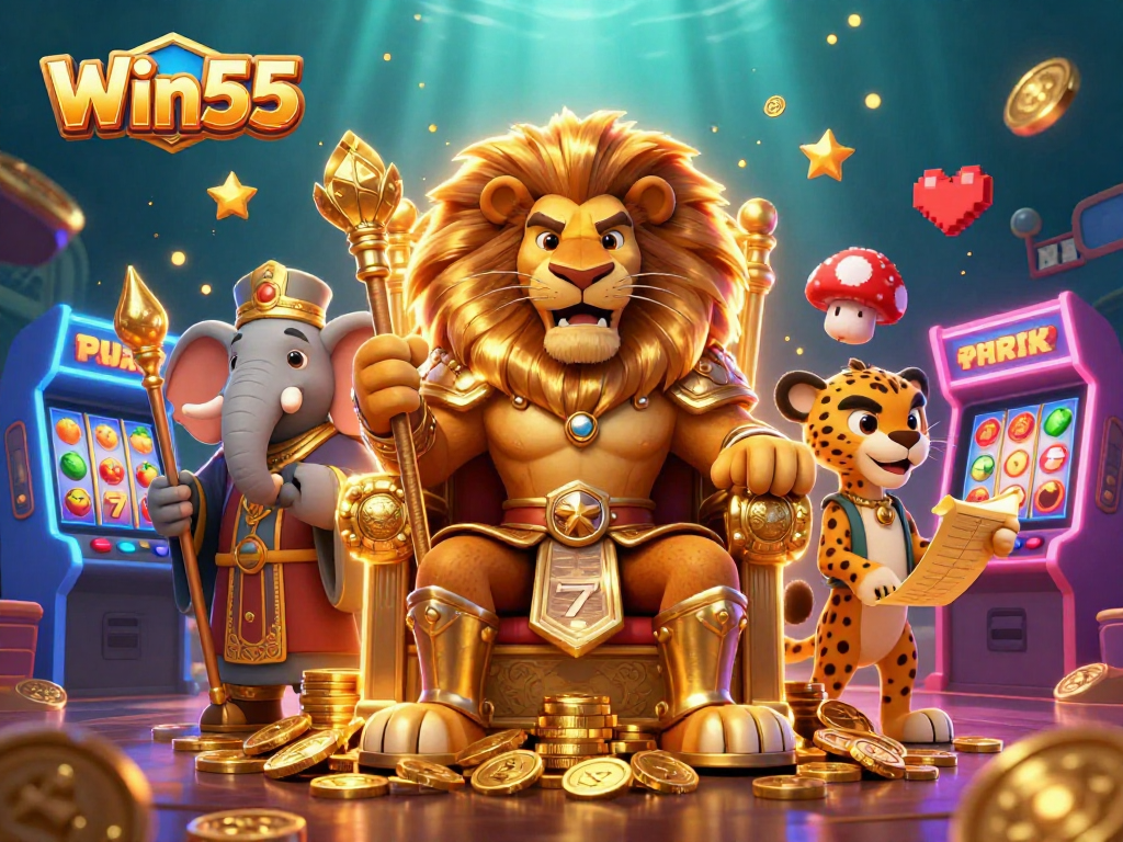 Win55 showcases a glorious casino scene with a lion king, arcade machines, and gaming elements.