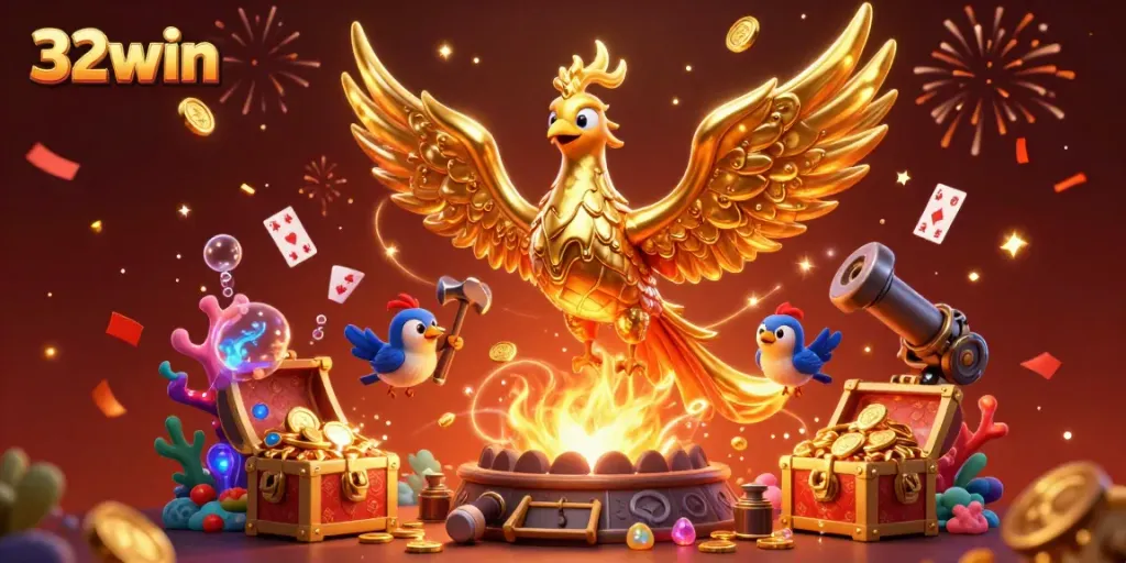 Experience thrilling moments with the molten gold phoenix at 32win casino, surrounded by treasures and games.