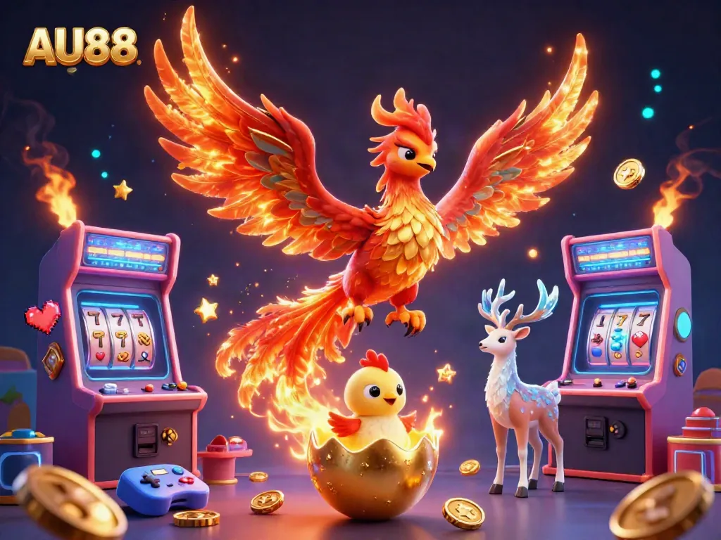 Experience the thrilling world of AU88 as a fire phoenix soars amidst casino-themed game elements.