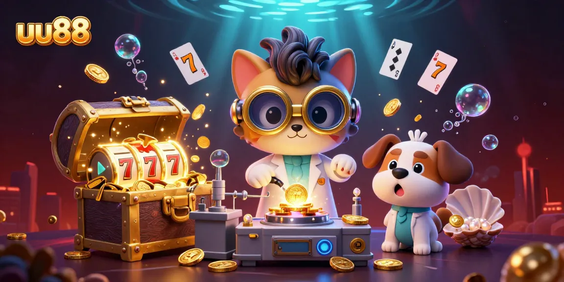uu88 features a mad scientist cat creating coins while a loyal dog assists in a dynamic gambling scene.
