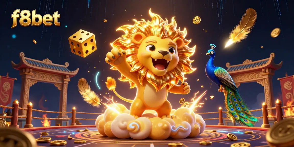 Win big with f8bet in this vibrant 3D casino scene featuring a lion, golden dice, and festive decor!
