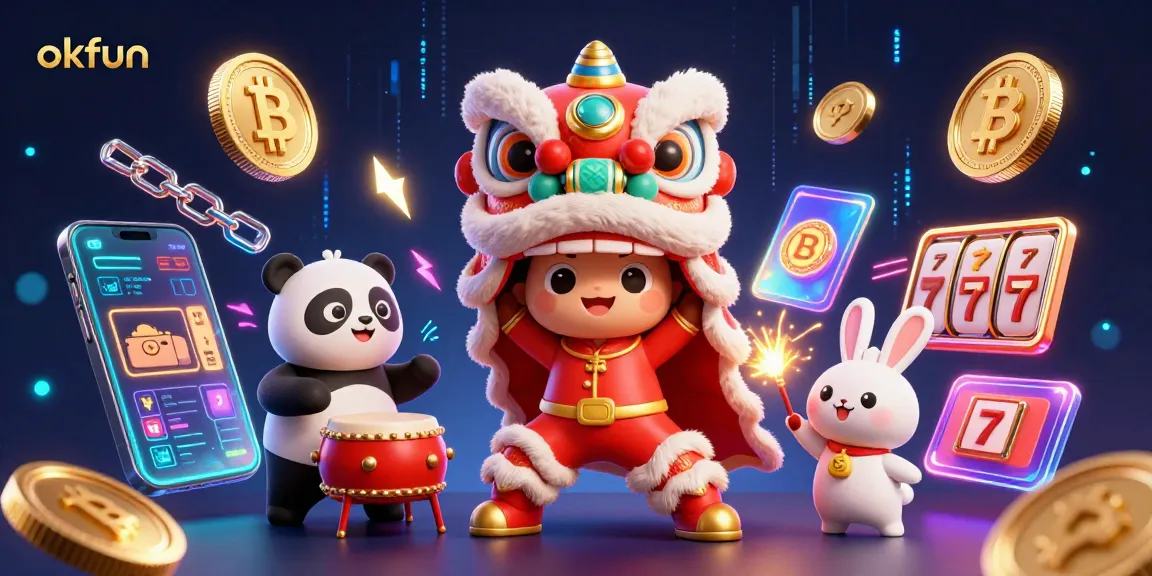 Engage in thrilling gameplay with okfun while enjoying the vibrant lion dance, crypto elements, and festive decorations.