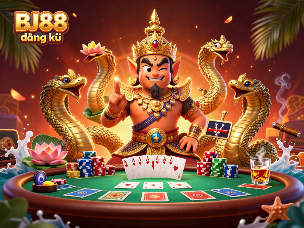 BJ88 đăng ký showcases a vibrant poker scene with a Thai guardian and Naga companions.