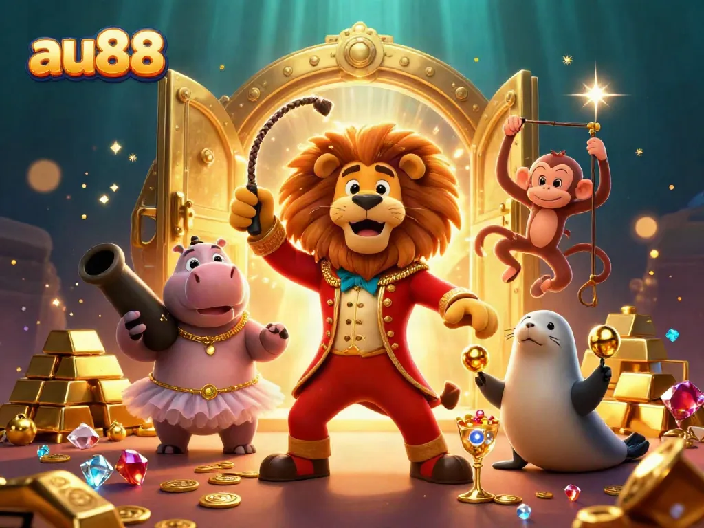 Experience the excitement of au88 with lively circus characters amidst treasures in a vibrant casino scene.