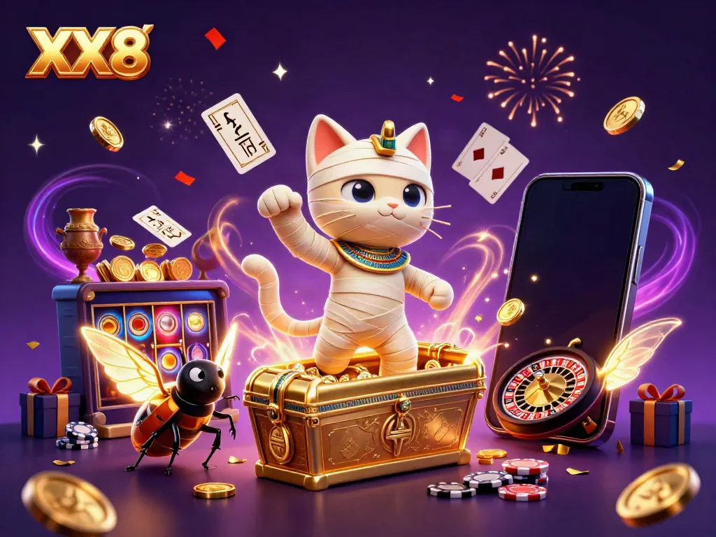 Experience the thrilling action of XX8 in a vibrant pyramid casino with an Egyptian mummy cat and gaming elements.