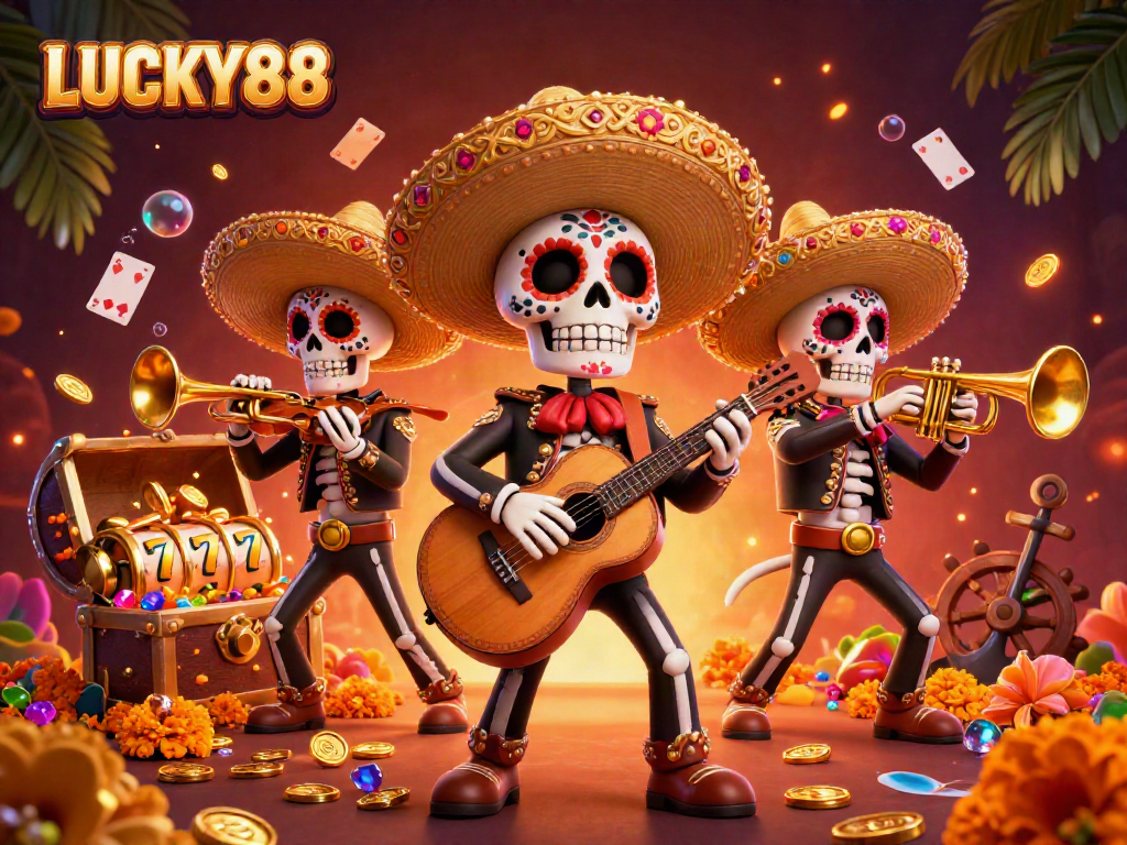 Engage with LUCKY88 in an exciting casino world, filled with festive mariachi skeletons and dynamic gaming elements.