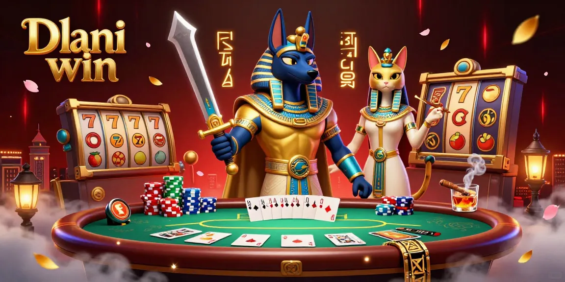 Dhani win offers thrilling gaming with a vibrant scene of Anubis and Bastet at a poker table surrounded by rich casino elements.