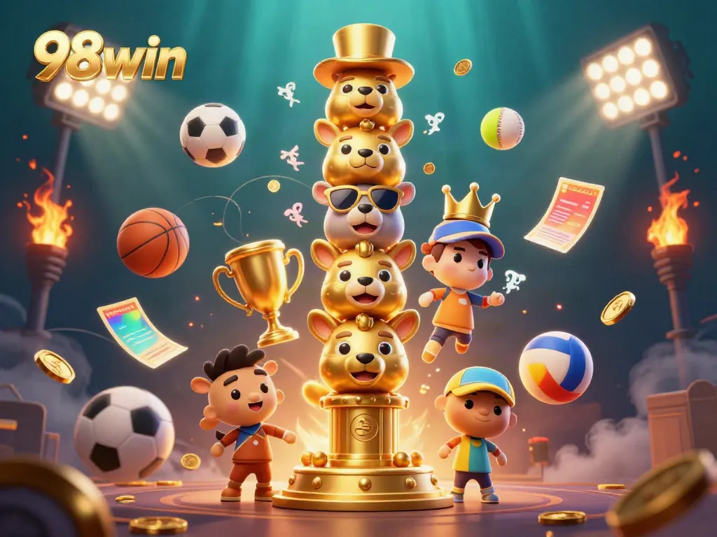 Engage with 98win's vibrant 3D casino world, featuring a totem pole with dynamic game elements.