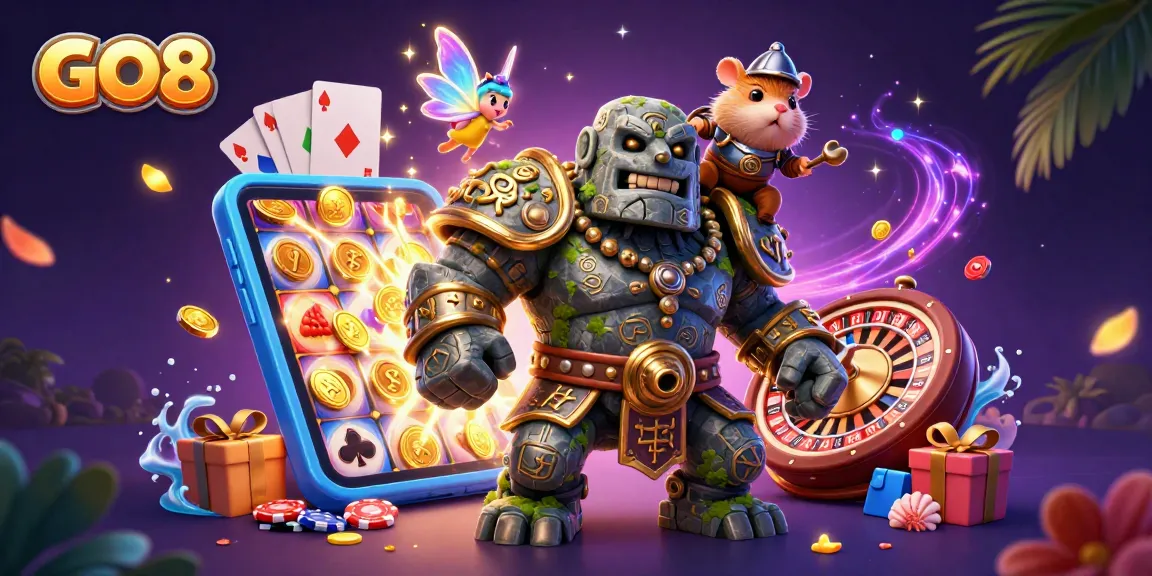 Engage in thrilling GO8 casino adventures with the animated golem guardian, fairy companion, and hamster knight.