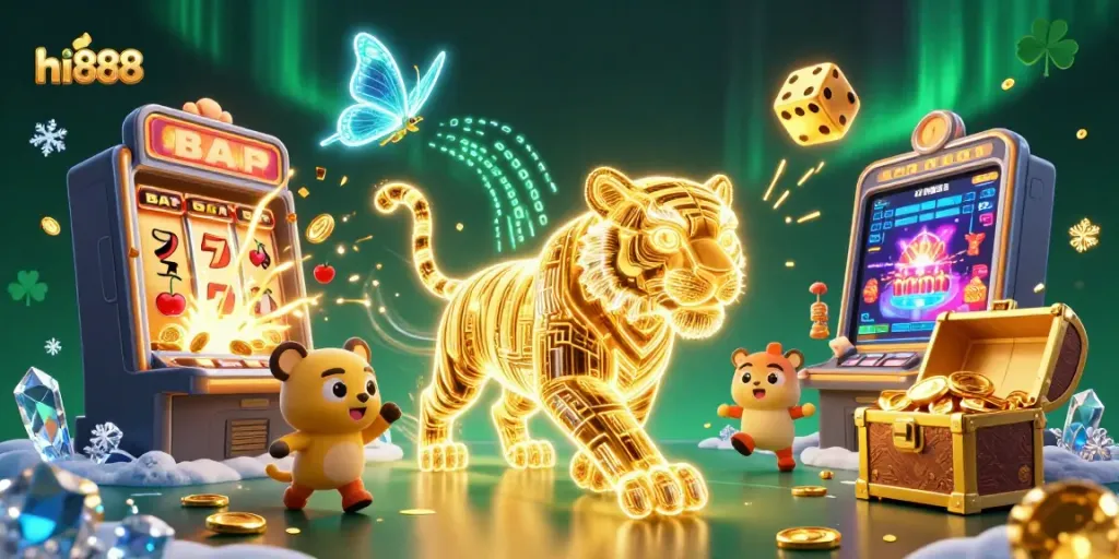 Spin the reels with hi888's golden tiger amidst a vibrant casino landscape and jackpot symbols.