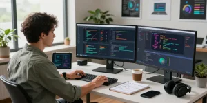 Software engineer analyzing large language models in a modern tech workspace with multiple monitors and natural light.